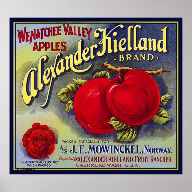POSTER WENATCHEE VALLEY APPLES FRUIT CRATE ÉTIQUETTE 1910 (Devant)
