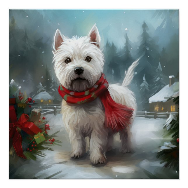 Poster West Highland White Terrier Dog dans la neige Noël (Devant)