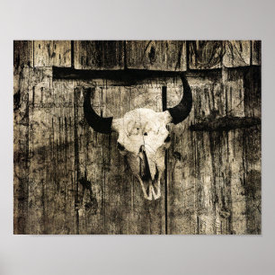 Poster Western Bull Skull Vintage Barn Bois rustique Brow