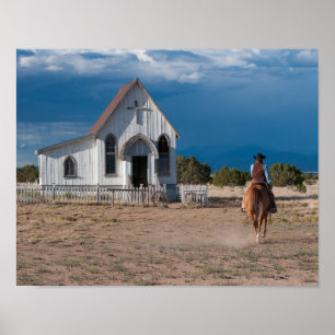 Poster Western Cowboy Équitation Cheval À L'Église Imprim