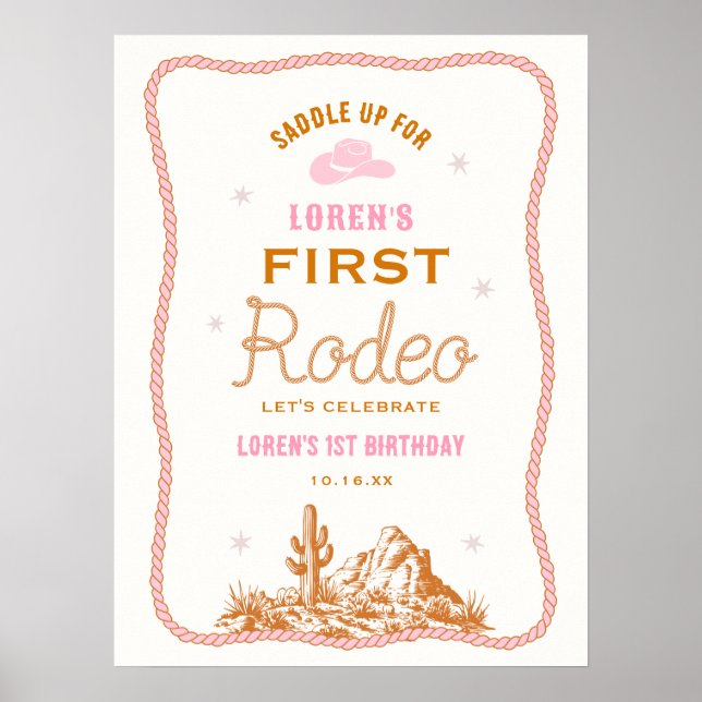 Poster Western First Rodeo Cowgirl 1st Birthday Welcome (Devant)