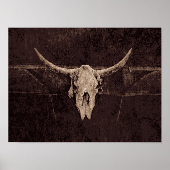 Poster Western Old Rustic Taureau Crâne Brown Beige Pays (Devant)