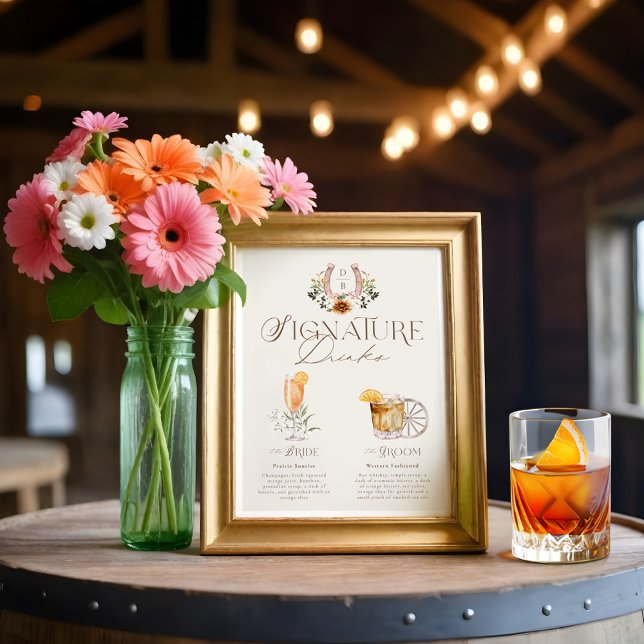 Poster Western Watercolor Bride & Groom Signature Boisson (Créateur téléchargé)