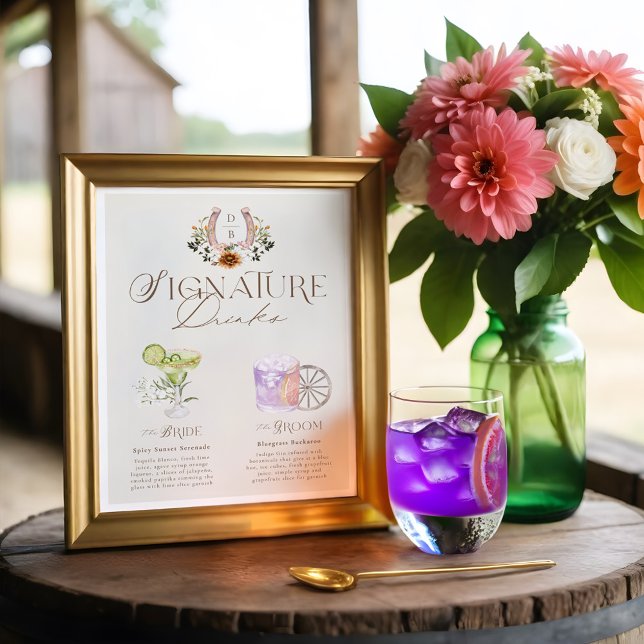 Poster Western Watercolor Bride & Groom Signature Boisson (Western Watercolor Bride & Groom Signature Drinks Poster)