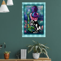 Poster Whimsical Abstract Mermaid Nautical Teal Seashells