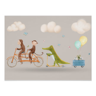 Poster Whimsical Animals on Bicycle Nursery Wall art 