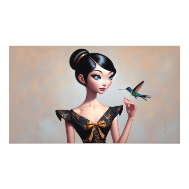 Poster Whimsical Asian Girl with Hummingbird (Front)