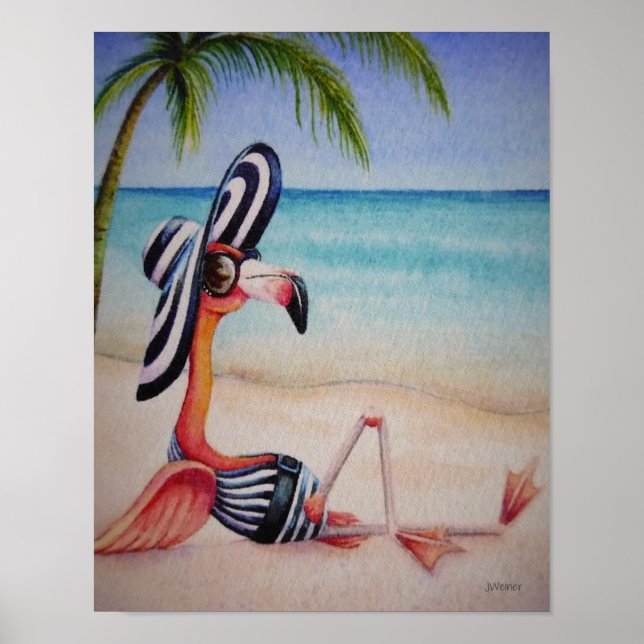 Poster Whimsical Beach Babe Flamant rose 1 Aquarelle 11x1 (Devant)