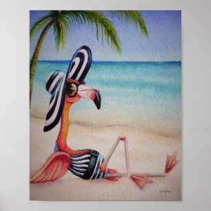 Poster Whimsical Beach Babe Flamant rose 1 Aquarelle 8x10