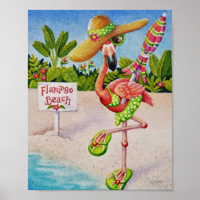 Poster Whimsical Beach Babe Flamant rose 2 Aquarelle 8x10 (Devant)