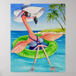 Poster Whimsical Beach Babe Flamant rose 3 Aquarelle 16x2