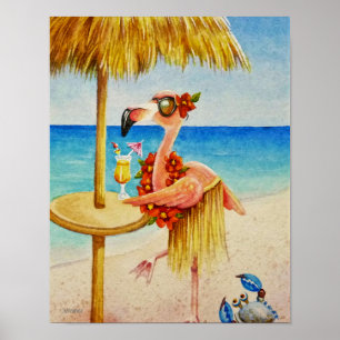 Poster Whimsical Beach Babe Flamant rose 4 Aquarelle 11x1