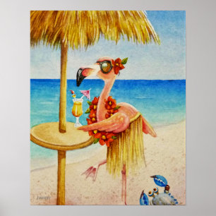 Poster Whimsical Beach Babe Flamant rose 4 Aquarelle 16x2