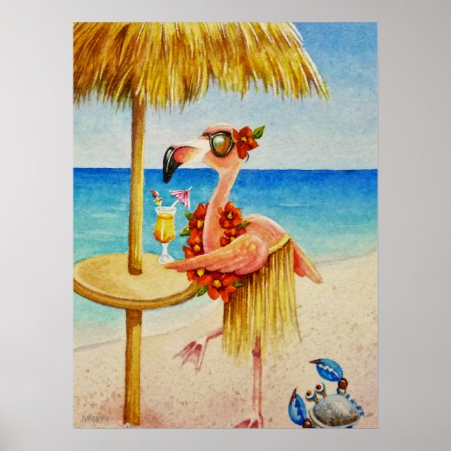 Poster Whimsical Beach Babe Flamant rose 4 Aquarelle 18x2 (Devant)