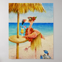 Whimsical Beach Babe Flamant rose 4 Aquarelle 8x10