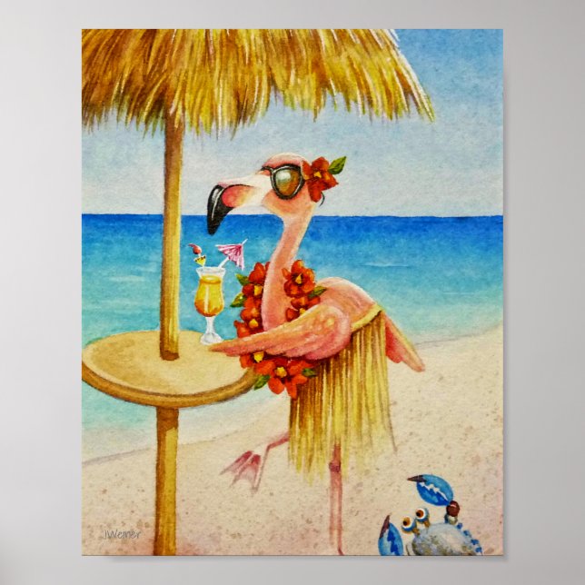 Poster Whimsical Beach Babe Flamant rose 4 Aquarelle 8x10 (Devant)
