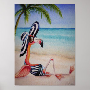 Poster Whimsical Beach Babe Flamant rose n° 1 Art 18x24