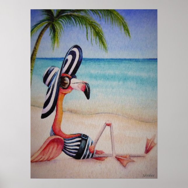 Poster Whimsical Beach Babe Flamant rose n° 1 Art 18x24 (Devant)