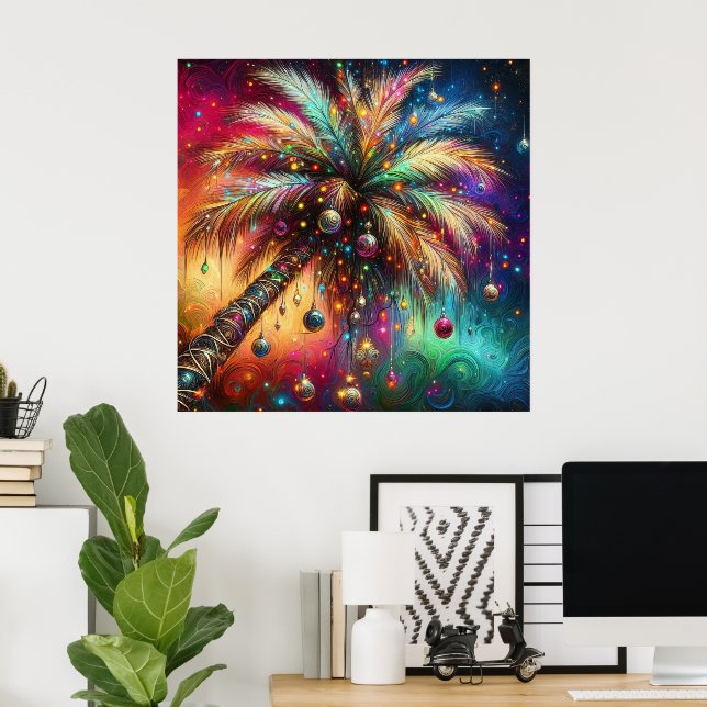 Poster Whimsical Christmas Palm Tree Tropical Beach Vivid (Bureau à domicile)