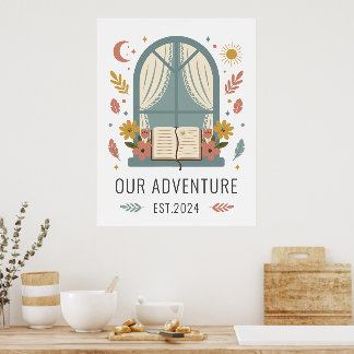 Poster Whimsical Cottage Flowers Window Illustration