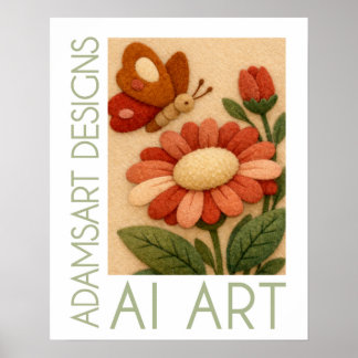 Poster Whimsical Felt Butterfly and Flower Folk Art