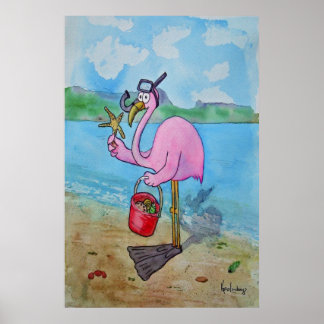 Poster Whimsical Flamant rose Rose Snorkle Scuba B