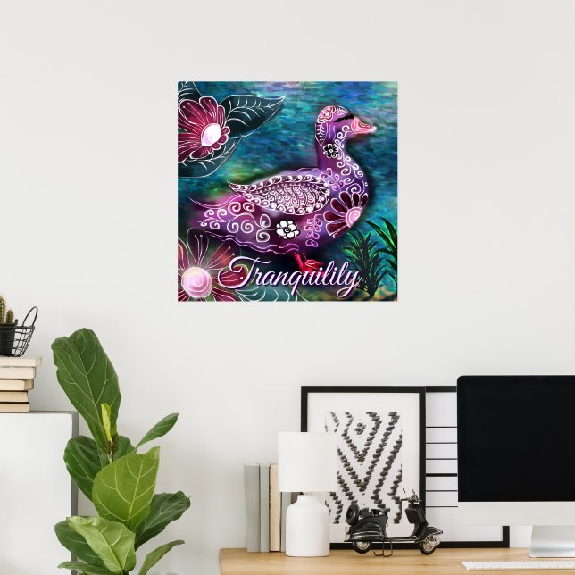Poster Whimsical Floral Duck Purple Teal Personalized (Bureau à domicile)