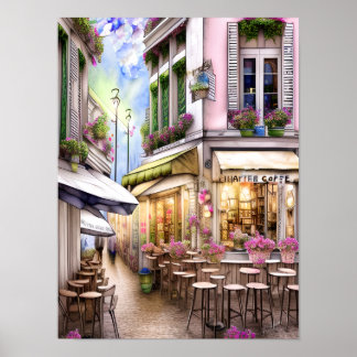 Poster Whimsical French Street Cafe, aquarelle