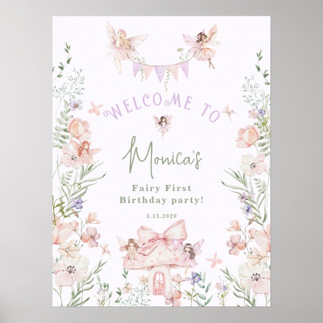 Poster Whimsical garden Fairy First Birthday Welcome (Devant)