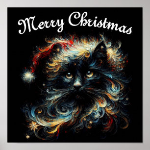 Poster Whimsical Long Cheveux Chat noir Père Noël Casquet