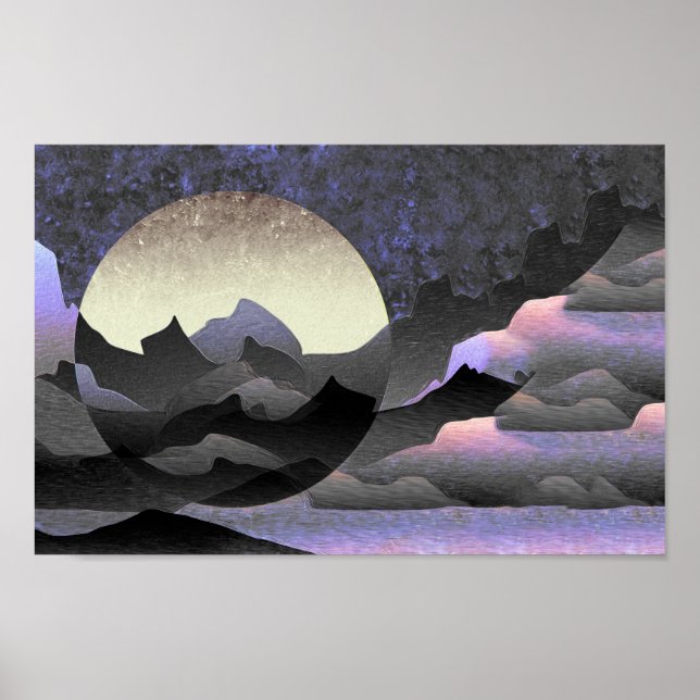 Poster Whimsical Moon and Mountains Abstract Art (Devant)