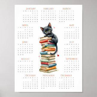 Poster Whimsical One-Page 2026 Cat & Book Stack Calendar