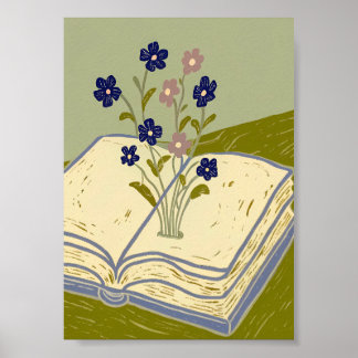 Poster Whimsical Open Book with Wildflowers Illustration 