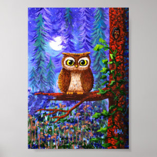 Poster Whimsical Ows Art Forest Moon Créationarts