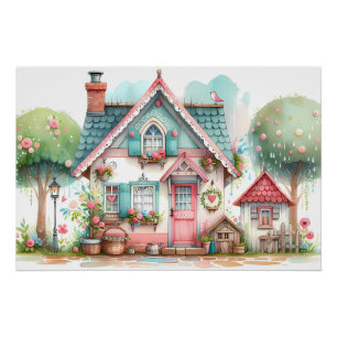 Poster Whimsical Pastel Fairy Tale Cottage Art