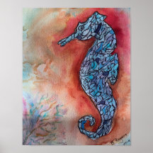 Whimsical Seahorse sur Arrière - plan d'aquarelle