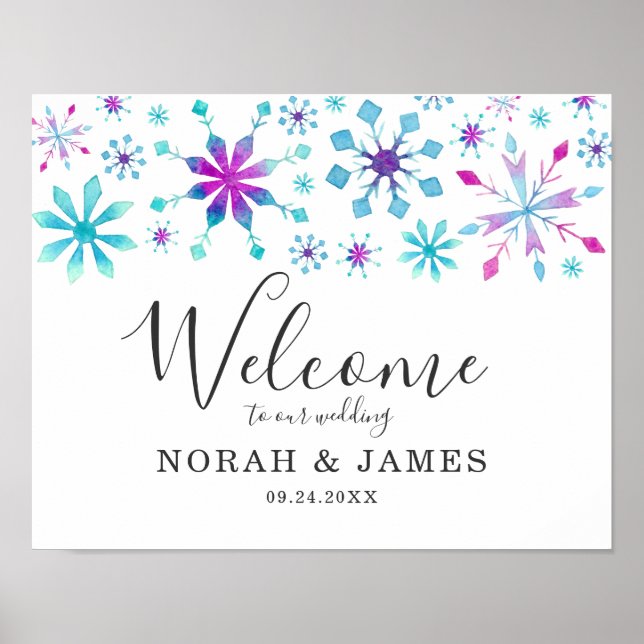 Poster Whimsical Turquoise Violet Mariage d'hiver Bienven (Devant)