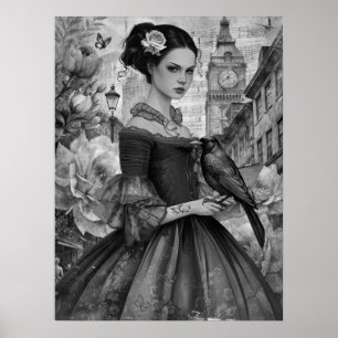 Poster Whimsical Victorian Gothic Girl & Florals Londres
