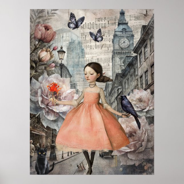 Poster Whimsical Victorian Gothic Girl & Florals Londres (Devant)