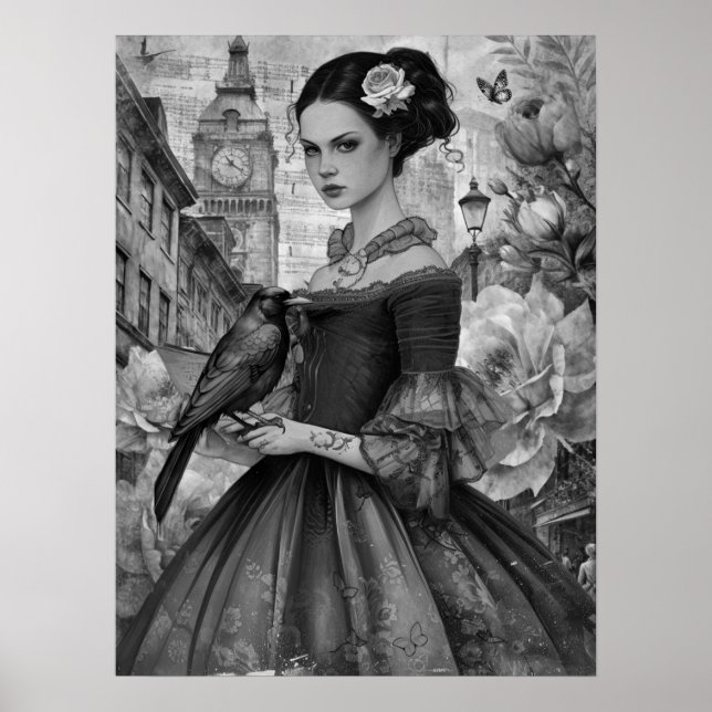 Poster Whimsical Victorian Gothic Girl & Florals Londres (Devant)