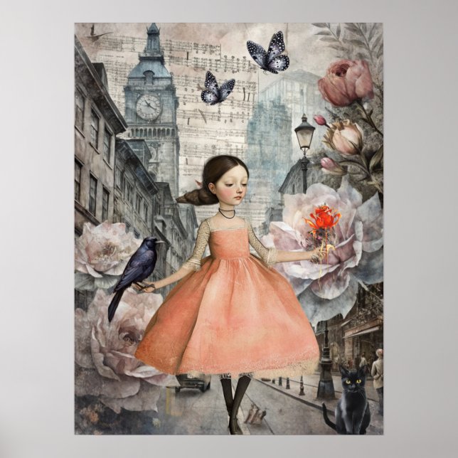 Poster Whimsical Victorian Gothic Girl & Florals Londres (Devant)