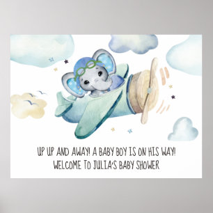 Poster Whimsical Watercolor Elephant Baby shower avion