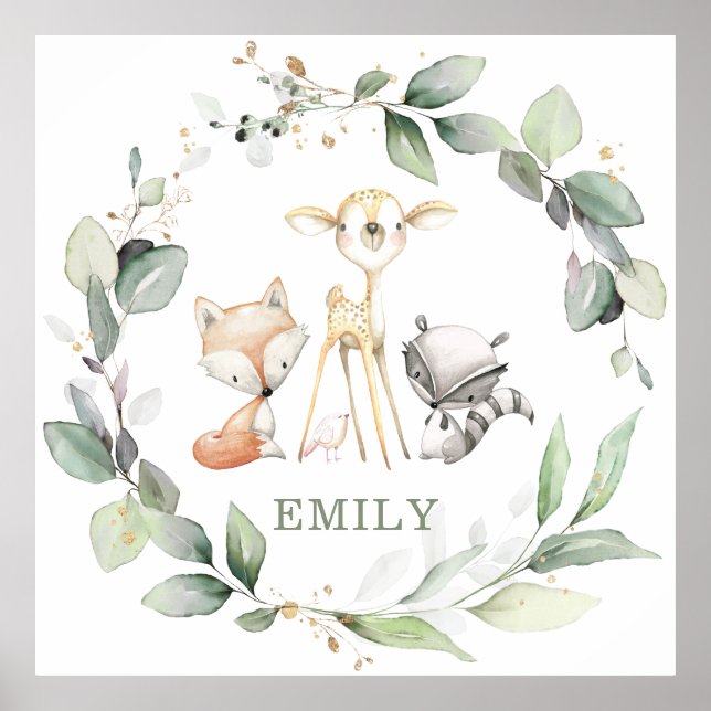 Poster Whimsical Woodland Animals Soft Greenery Wall Art (Devant)