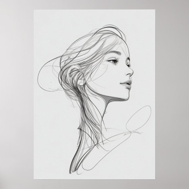 Poster Whimssic Graceful Woman Head Portrait Line Art (Devant)