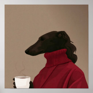 Poster Whippet Cozy buvant du café - Chien minimaliste