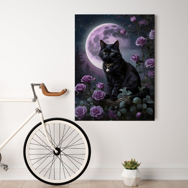 Poster Whisking Lune (Purple moonlight, roses and cat)