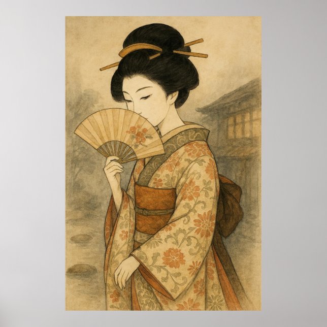 Poster Whispers Behind the Fan: Geisha in Stillness (Devant)