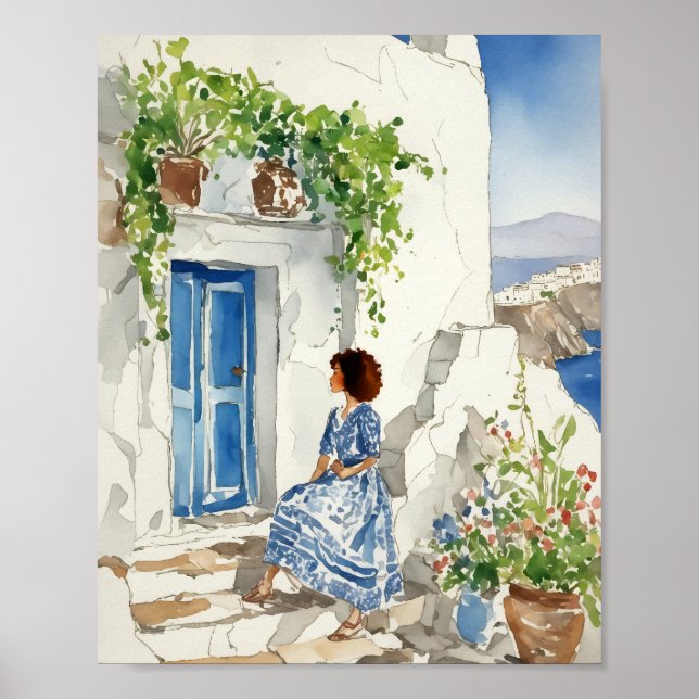Poster Whispers of the Aegean Santorini Aquarelle (Devant)
