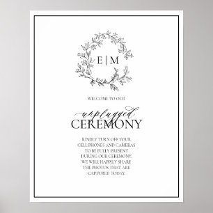 Poster White Black Leafy Crest Monogram Unplugged Wedding