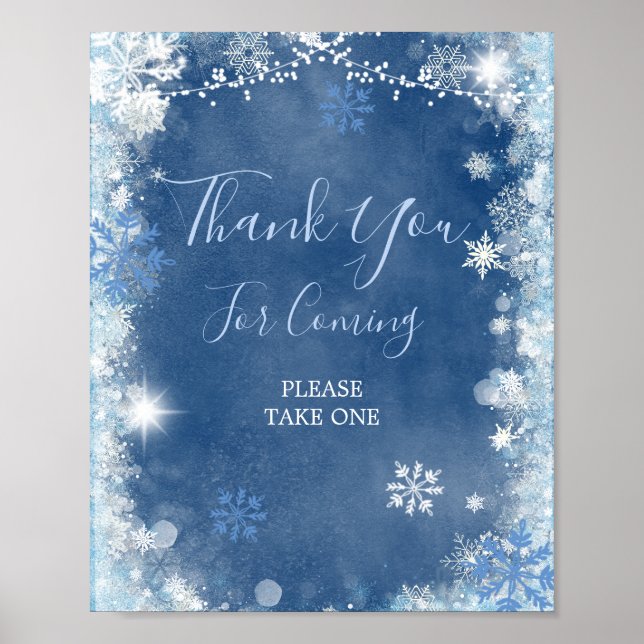 Poster White Blue Winter Snowflake Bridal Thank You Sign (Devant)